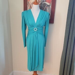 Turquoise V-Neck Long Sleeve Ruched Midi Dress